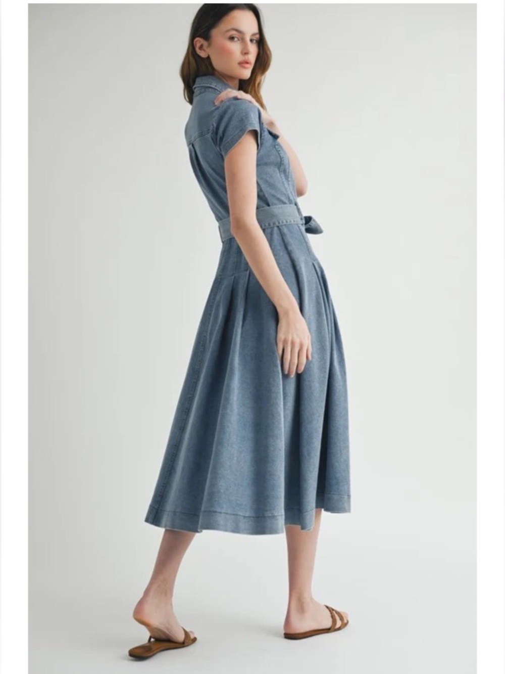 Button-Front Light Blue Denim Midi Dress with Tie Waist - Picture 7 of 11